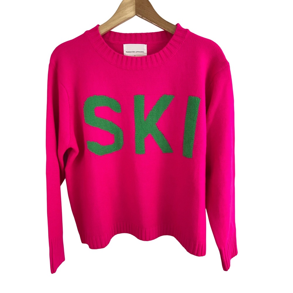 Panache Apparel Ski Sweater Women S Pink Green Knit Graphic Pullover